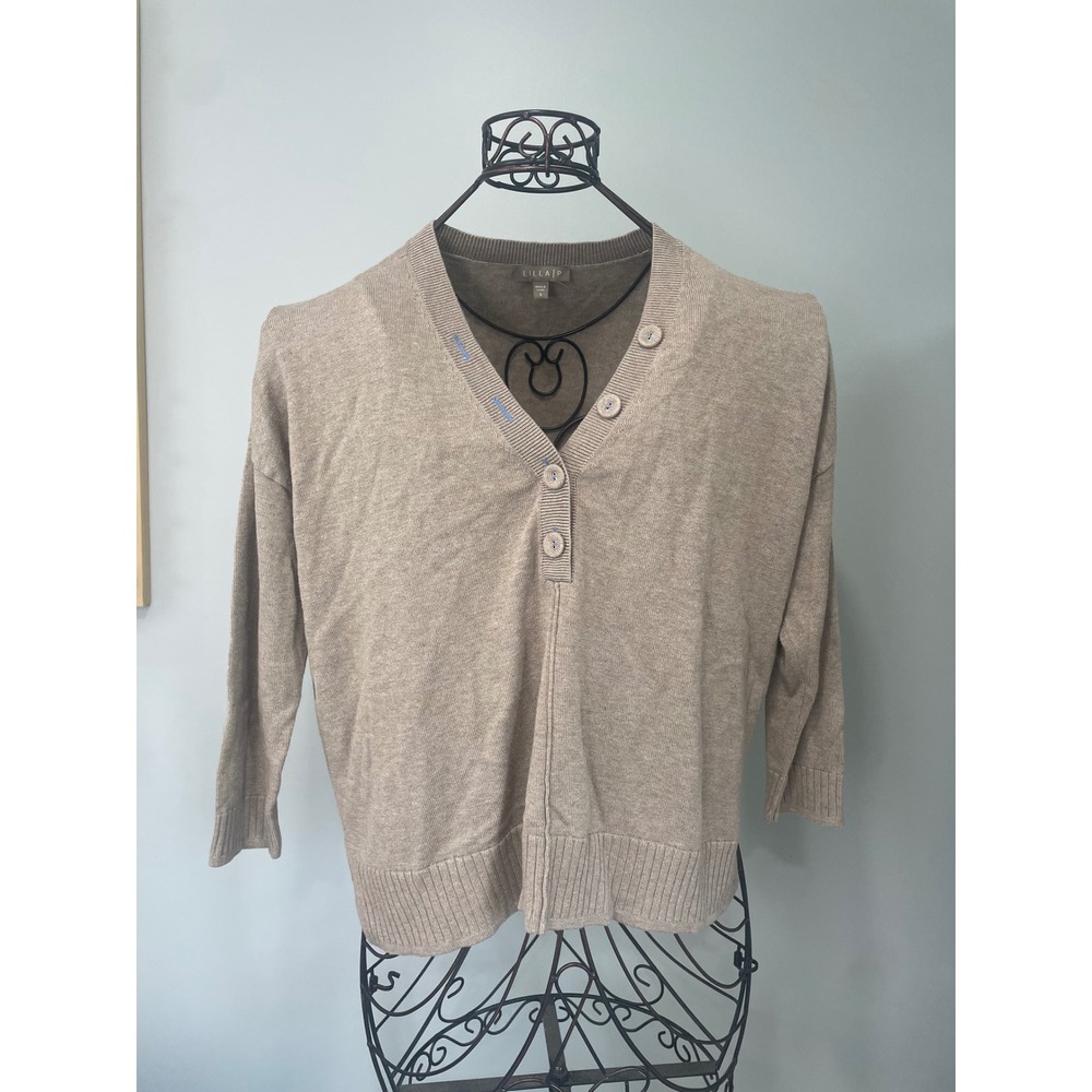 Lilla P Tan Cotton Modal Oversized Henley Sweater Blue Accents Small